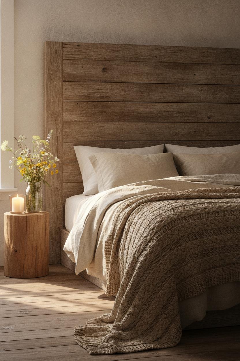 Rustic bedroom with reclaimed wood headboard, linen bedding, and wildflowers — fixer upper style home decor