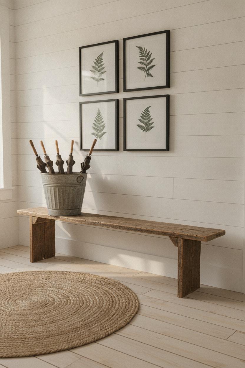 Fixer upper style home decor with farmhouse entryway, distressed bench, jute rug, botanical gallery wall, and golden morning light