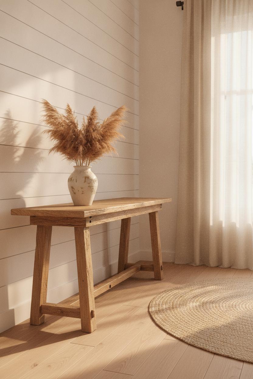 Bright farmhouse living room with white shiplap, rustic console table, pampas grass — fixer upper style home decor on a budget
