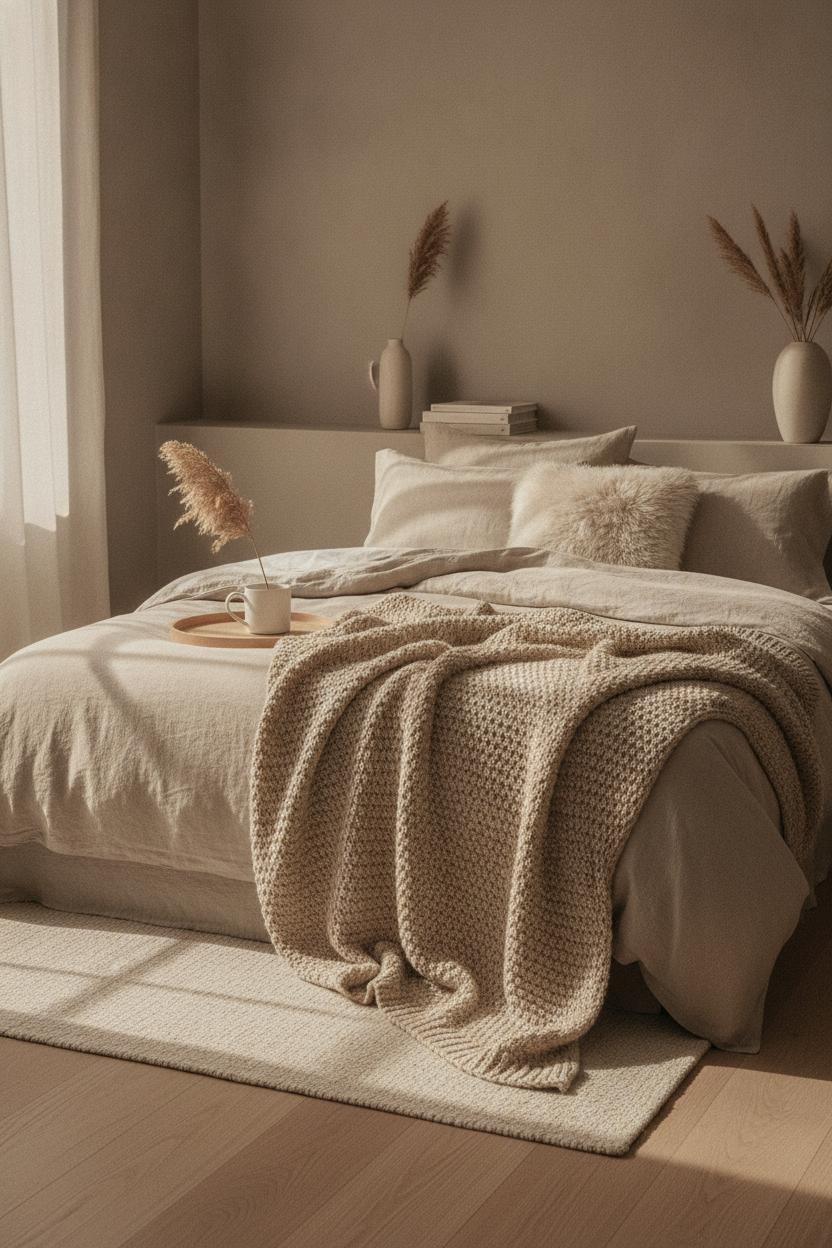 Minimalist bedroom with layered cream bedding, chunky wool throw, and faux fur pillow — hygge home decor on a budget