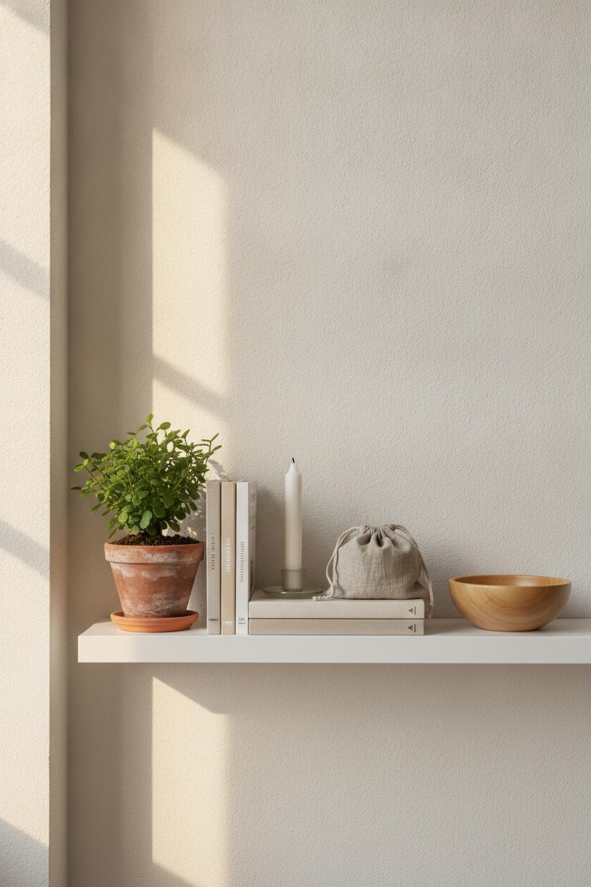Scandinavian shelf styled with plant, books, candle, and wooden bowl — hygge home decor on a budget done right