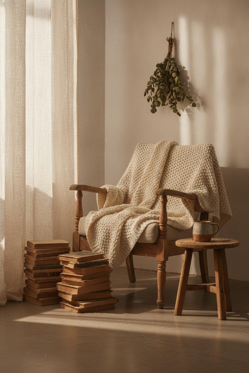 Cozy reading nook with vintage chair, thrifted books, and ceramic mug — hygge home decor on a budget