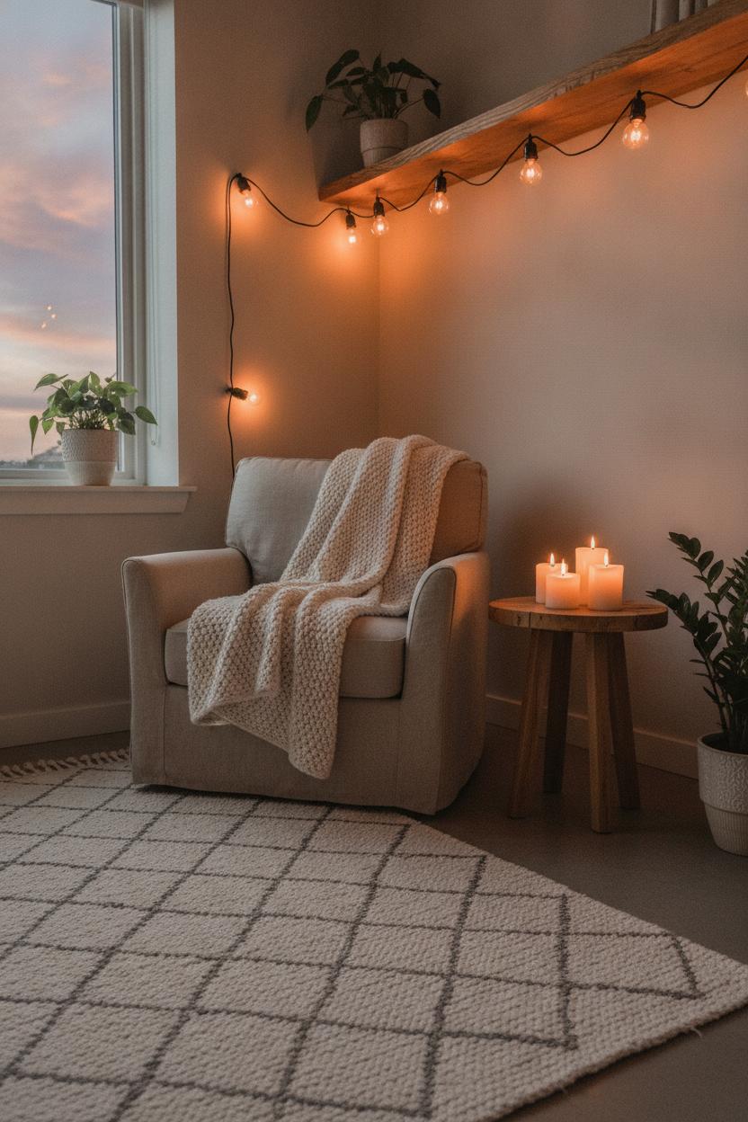 Cozy minimalist living room corner with Edison string lights and chunky knit throw — hygge home decor on a budget
