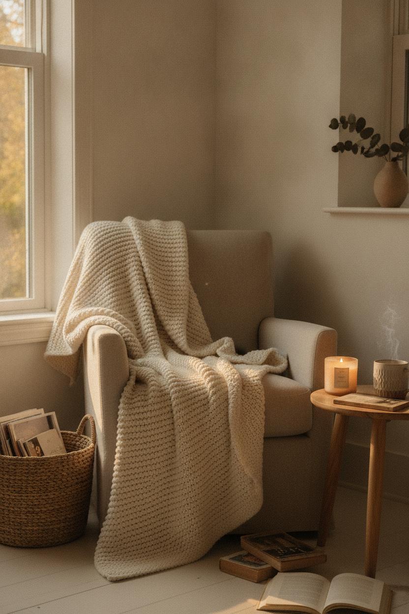 Cozy reading nook with chunky knit throw and candle — easy seasonal home refresh on a budget