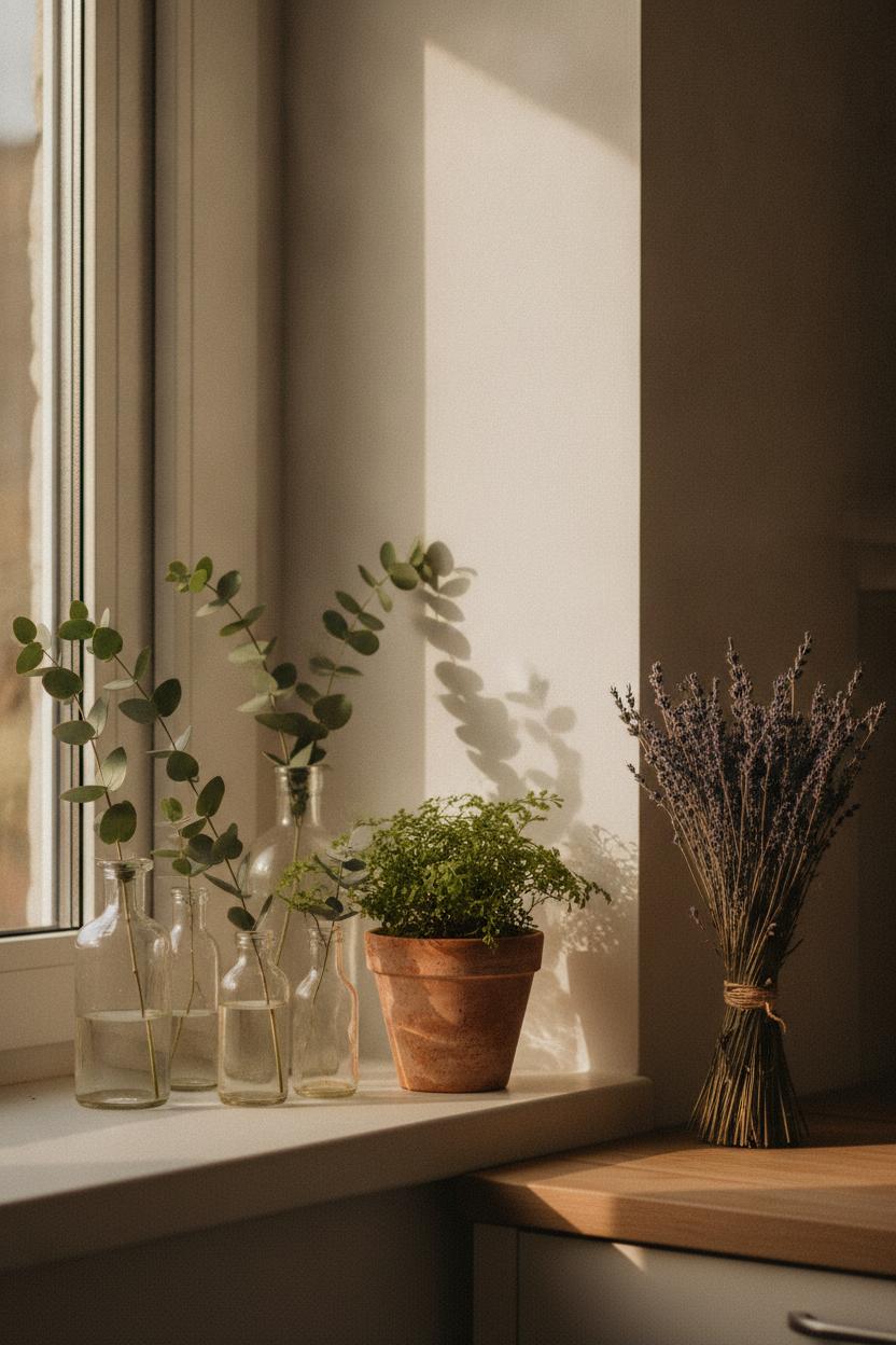 Bright kitchen windowsill with eucalyptus, lavender, and terracotta pot — a seasonal home refresh on a budget