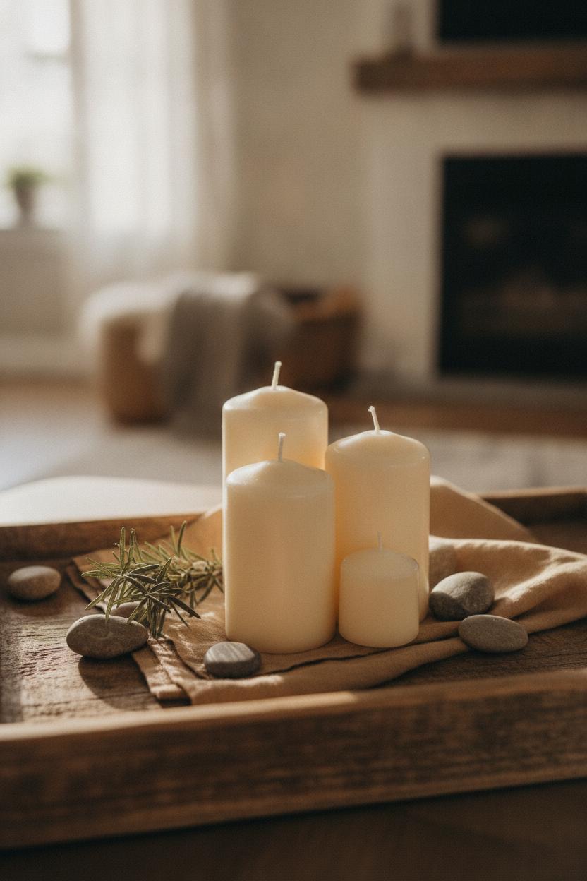 Cozy hygge flat lay with pillar candles, rosemary, and river stones — seasonal home refresh on a budget