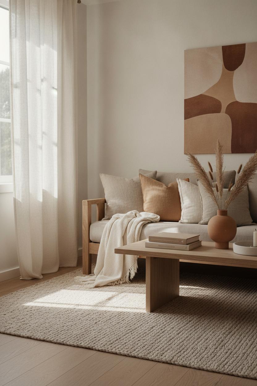 Cozy Scandinavian living room styled for a seasonal home refresh on a budget with linen cushions and pampas grass