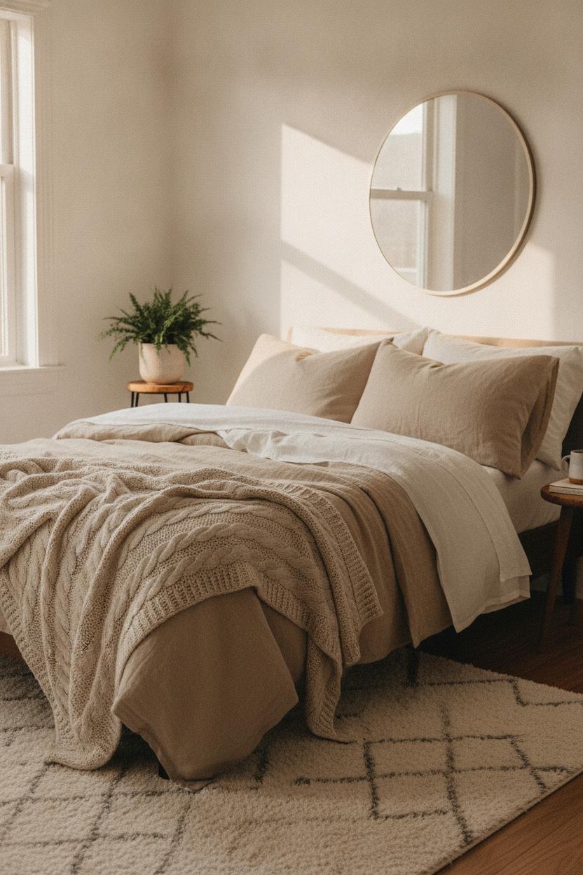 Cozy small bedroom makeover on a budget with layered cream bedding, chunky knit throw, and warm golden hour light
