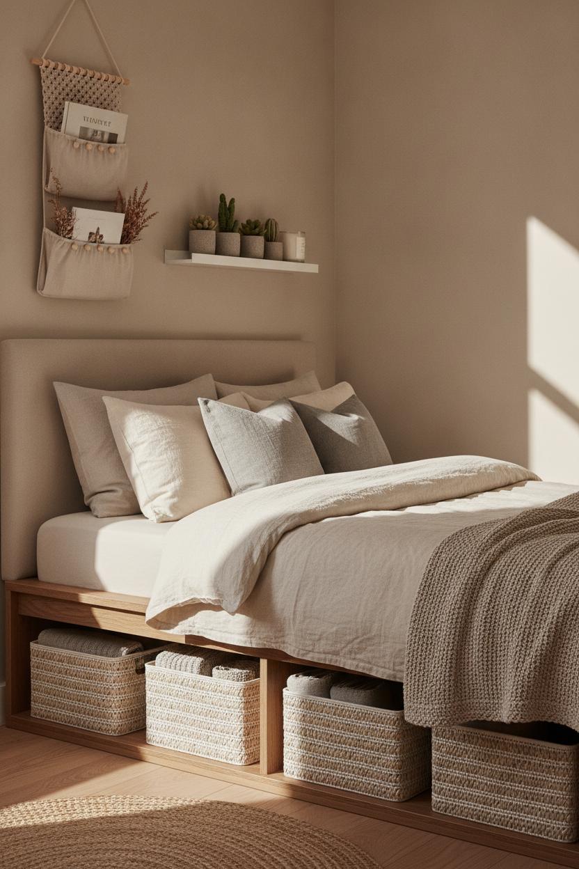 Cozy small bedroom makeover on a budget with under-bed baskets, floating shelf, and macrame wall organizer