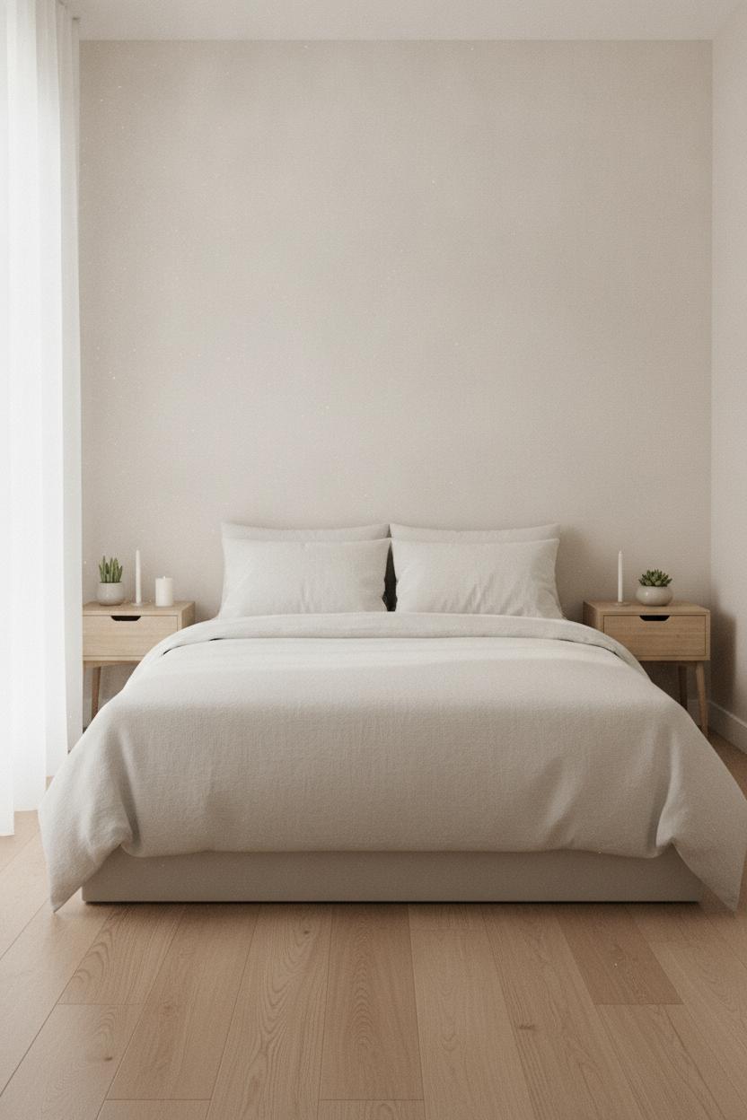 Minimalist small bedroom makeover on a budget with white linen bed, candle, plant, and soft morning light