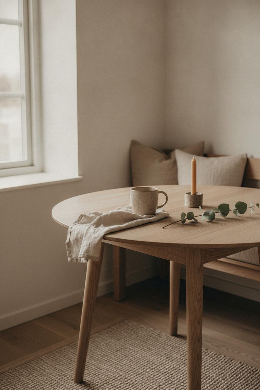 Scandinavian kitchen nook with ceramic coffee cup, beeswax candle, and eucalyptus — slow living tips to reduce stress