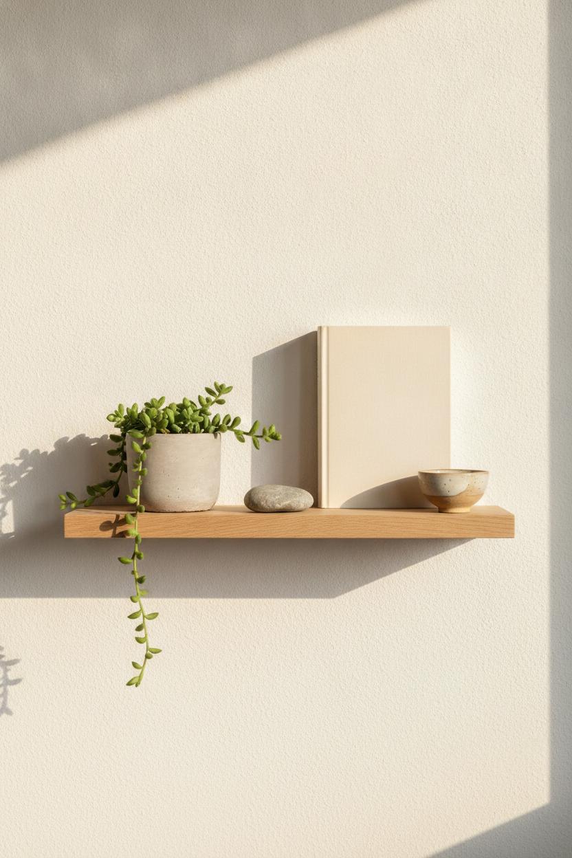 Minimalist shelf with plant, stone, book, and ceramic bowl — slow living tips to reduce stress at home