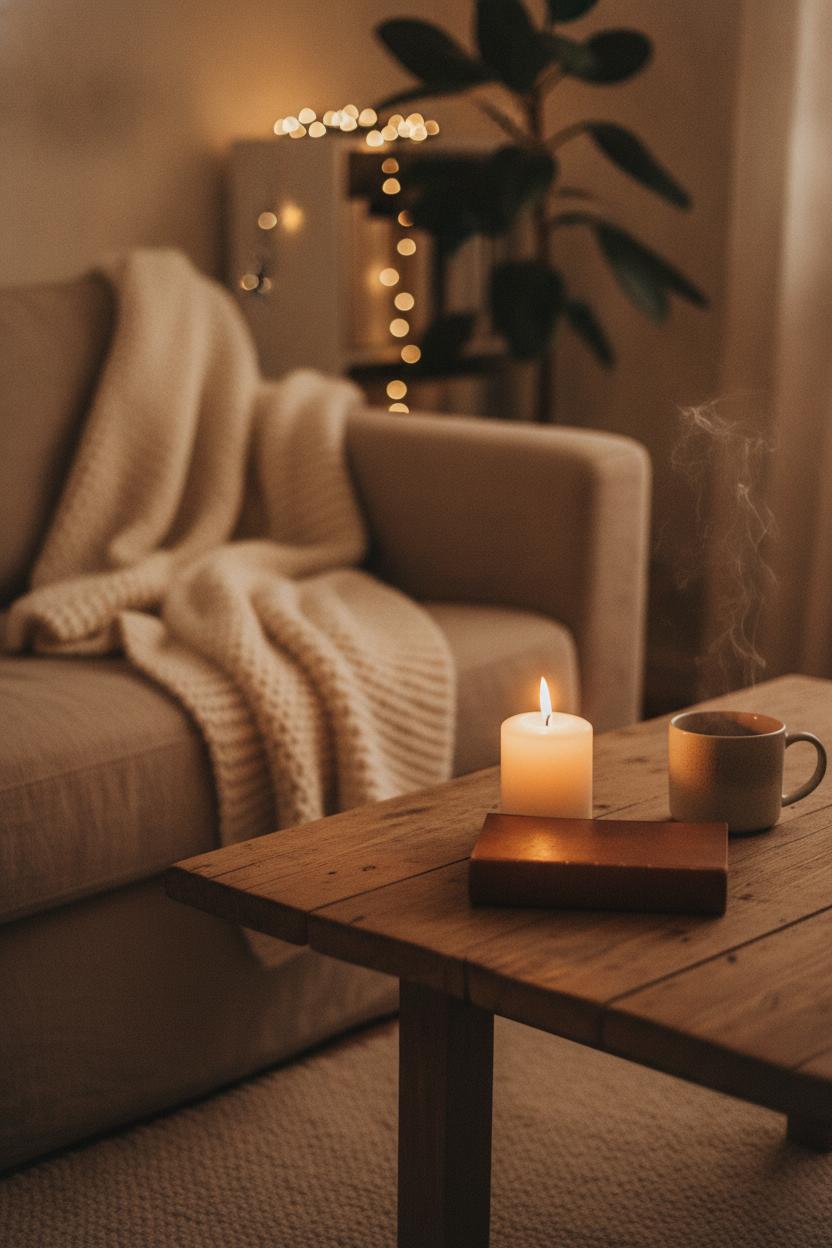 Cozy living room corner with knit throw, candle, and steaming mug — slow living tips to reduce stress at home