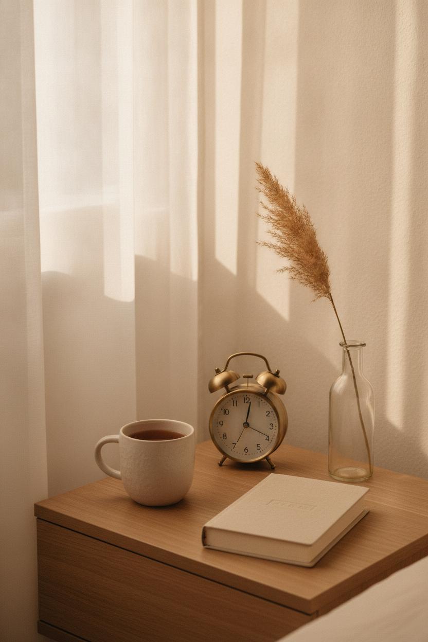 Minimalist nightstand with tea, journal, dried flower, and brass clock — slow living habits for busy women