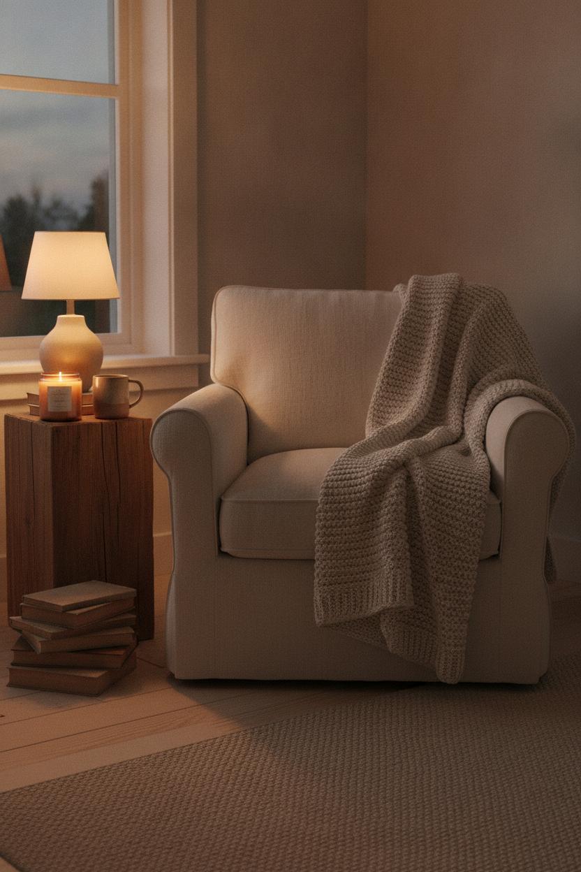 Cozy linen armchair with knit throw, candle, and books — slow living habits for busy women at dusk