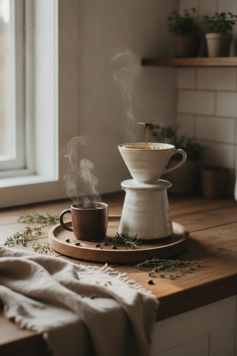 Rustic ceramic pour-over coffee setup on wooden tray embodying slow living habits for busy women