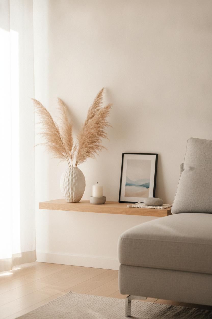 Minimalist shelf with pampas grass vase, candle, and art print — slow living habits for busy women made simple