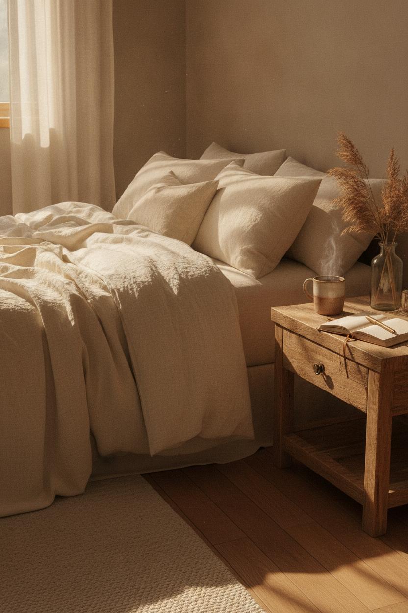 Cozy bedroom morning with linen bedding, tea, and journal — slow living tips to reduce stress