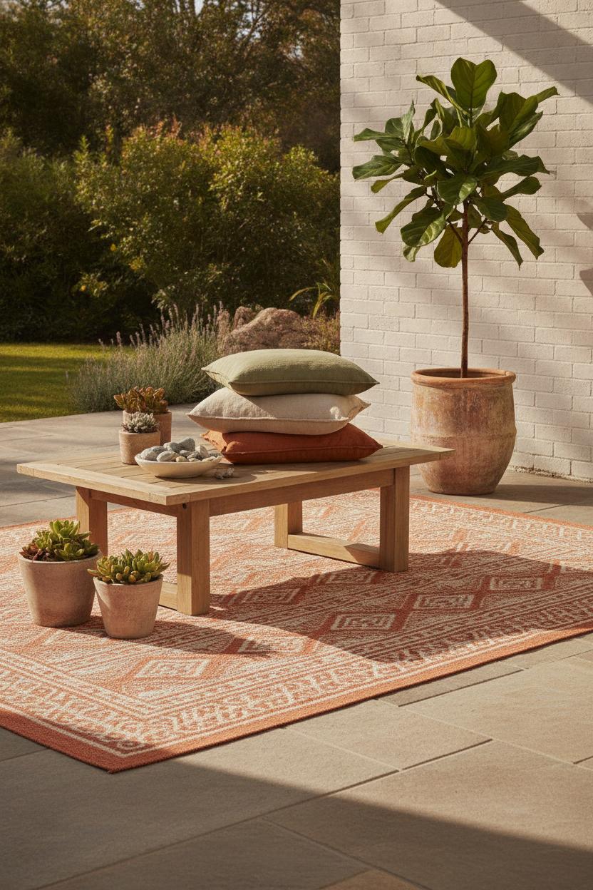 Sunlit patio with geometric terracotta rug, wooden coffee table, and fiddle leaf fig — affordable outdoor patio decor ideas