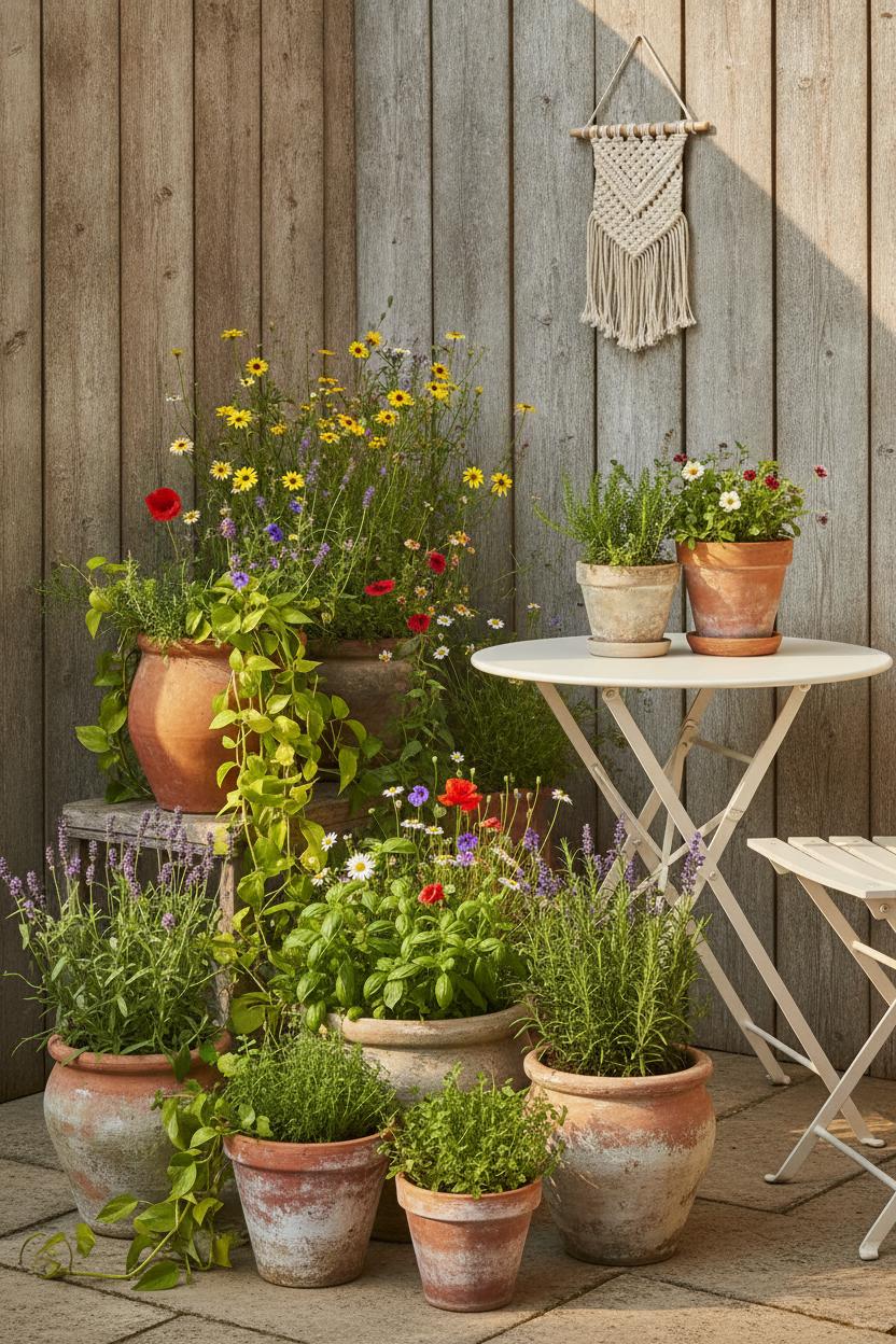 Terracotta planters with pothos and herbs on a cozy patio — affordable outdoor patio decor ideas with bistro table and macrame