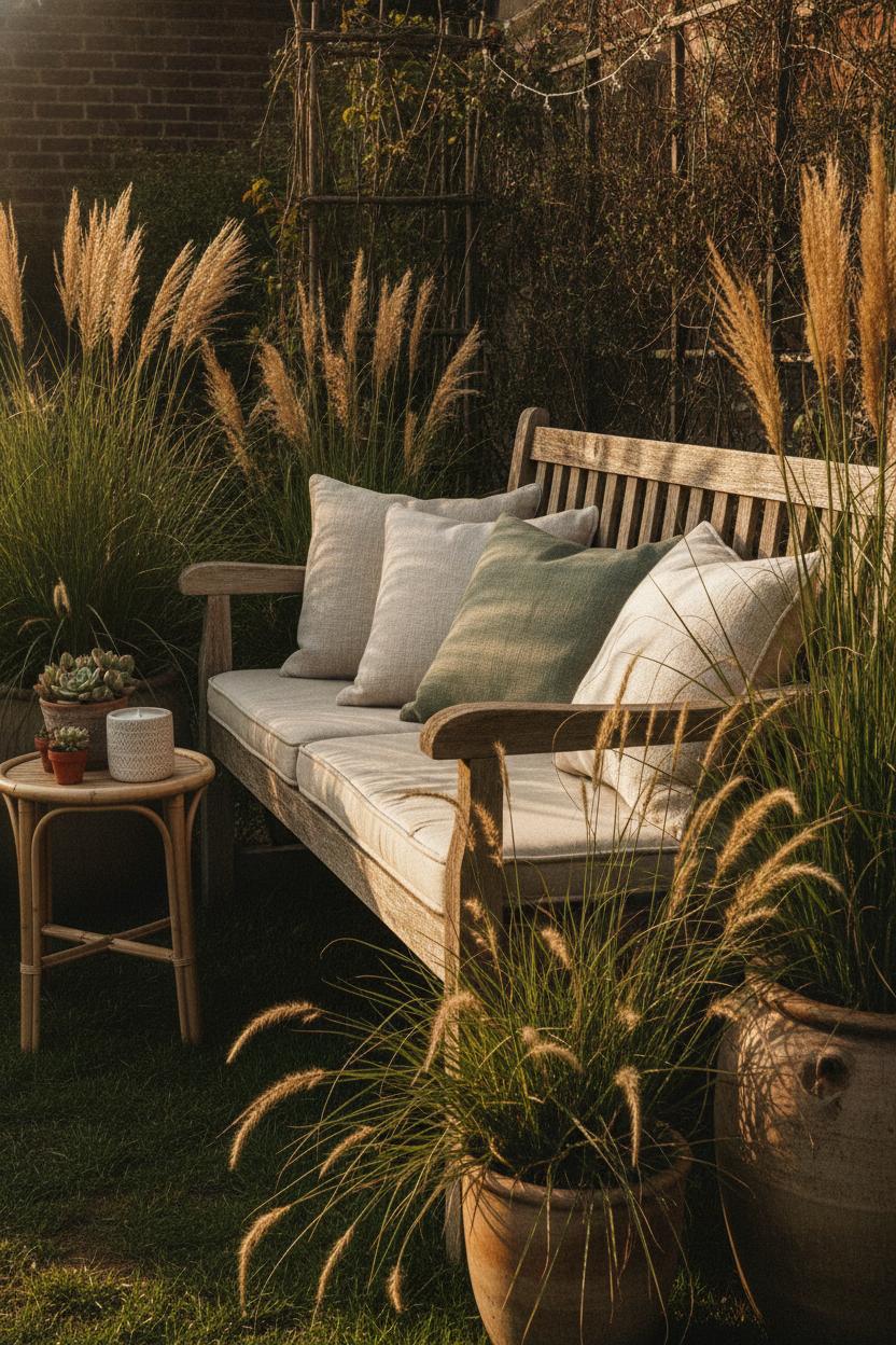 Affordable outdoor patio decor ideas: cozy bench nook with linen cushions, candle, succulent, grasses, and fairy lights