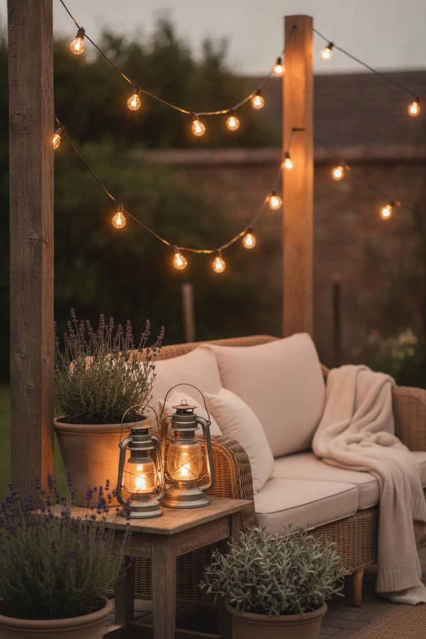 Cozy patio at dusk with Edison string lights, glowing lanterns, and rattan loveseat — affordable outdoor patio decor ideas