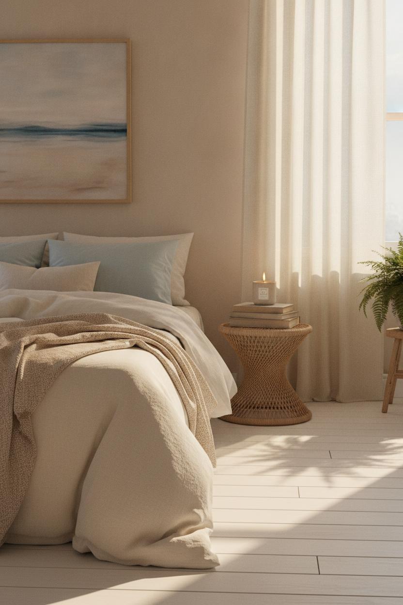 Cozy bedroom with linen duvet, rattan nightstand, and soft blue accents — summer seasonal home refresh ideas with warm neutrals