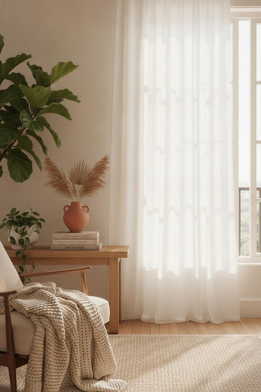 Cozy living room decor ideas summer with fiddle leaf fig, pothos, pampas grass, and warm sunlight