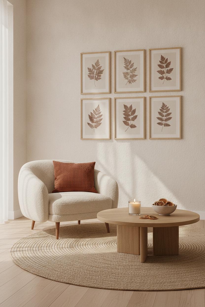 Cozy living room decor ideas summer: bouclé armchair, jute rug, wooden coffee table, and botanical art prints in warm neutral tones