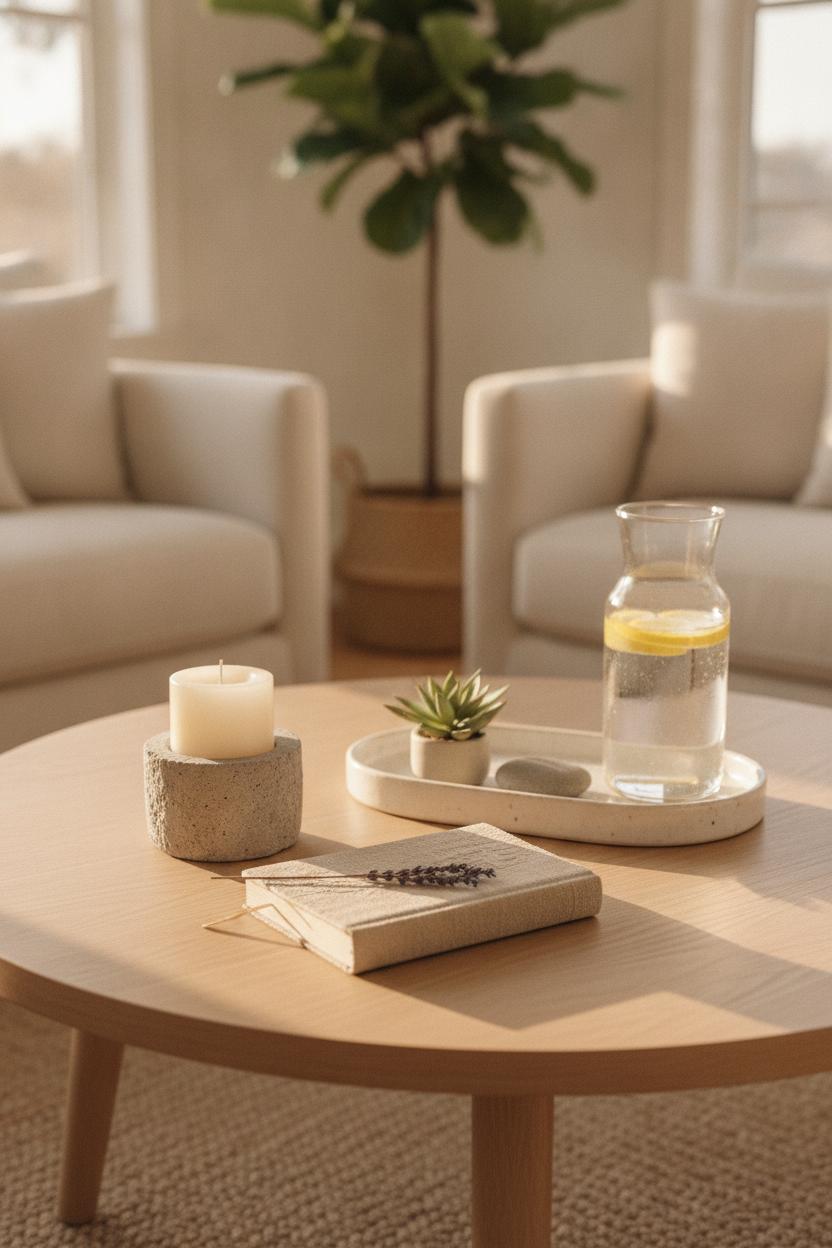 Round oak coffee table styled with candle, journal, succulent, lavender & lemon water — cozy living room decor ideas summer hygge