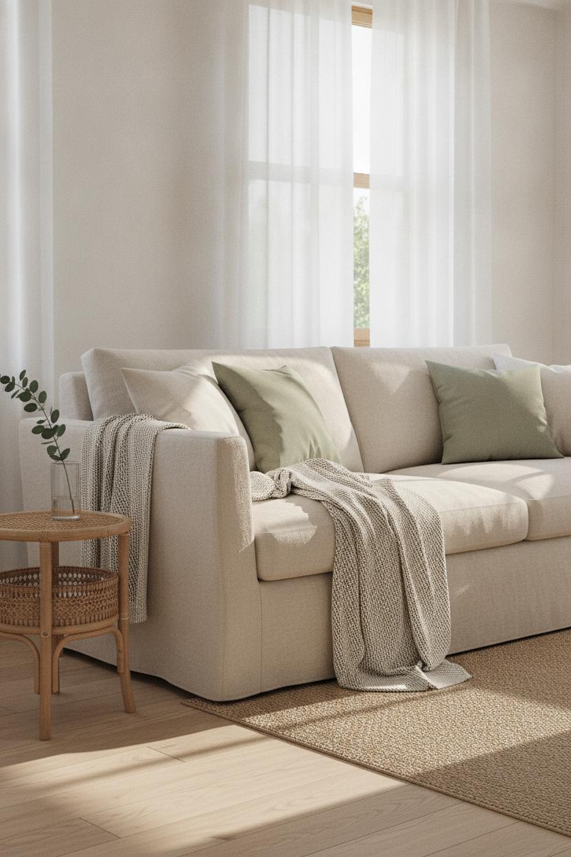 Bright minimalist living room with linen sofa, sage throw pillows, and woven blanket — cozy living room decor ideas summer