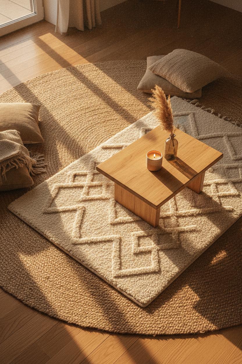 Layered jute and Moroccan cream rugs with pampas grass decor — budget living room makeover ideas in warm golden light