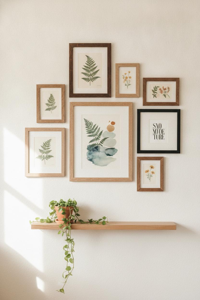 Eclectic gallery wall with thrifted frames featuring botanical prints and watercolor art — budget living room makeover ideas