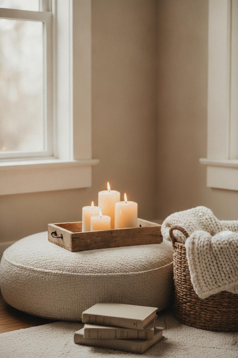 Cozy reading nook with oatmeal boucle floor cushion, candles, and chunky knit blanket — budget living room makeover ideas