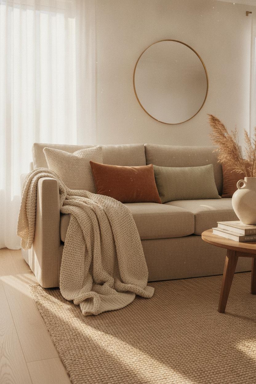 Minimalist beige linen sofa with cozy throw pillows and chunky knit blanket — budget living room makeover ideas