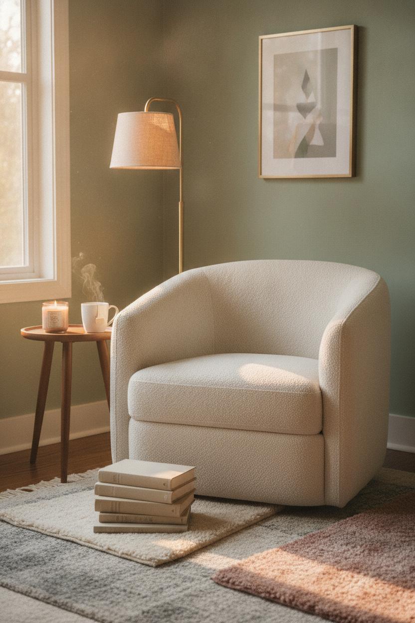 Cozy reading nook with cream boucle armchair, walnut table, and warm lamp — living room decor ideas 2026