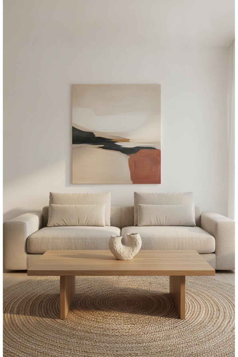 Minimalist living room decor ideas 2026: stone sofa, oak coffee table, jute rug, and abstract wall art in warm natural light