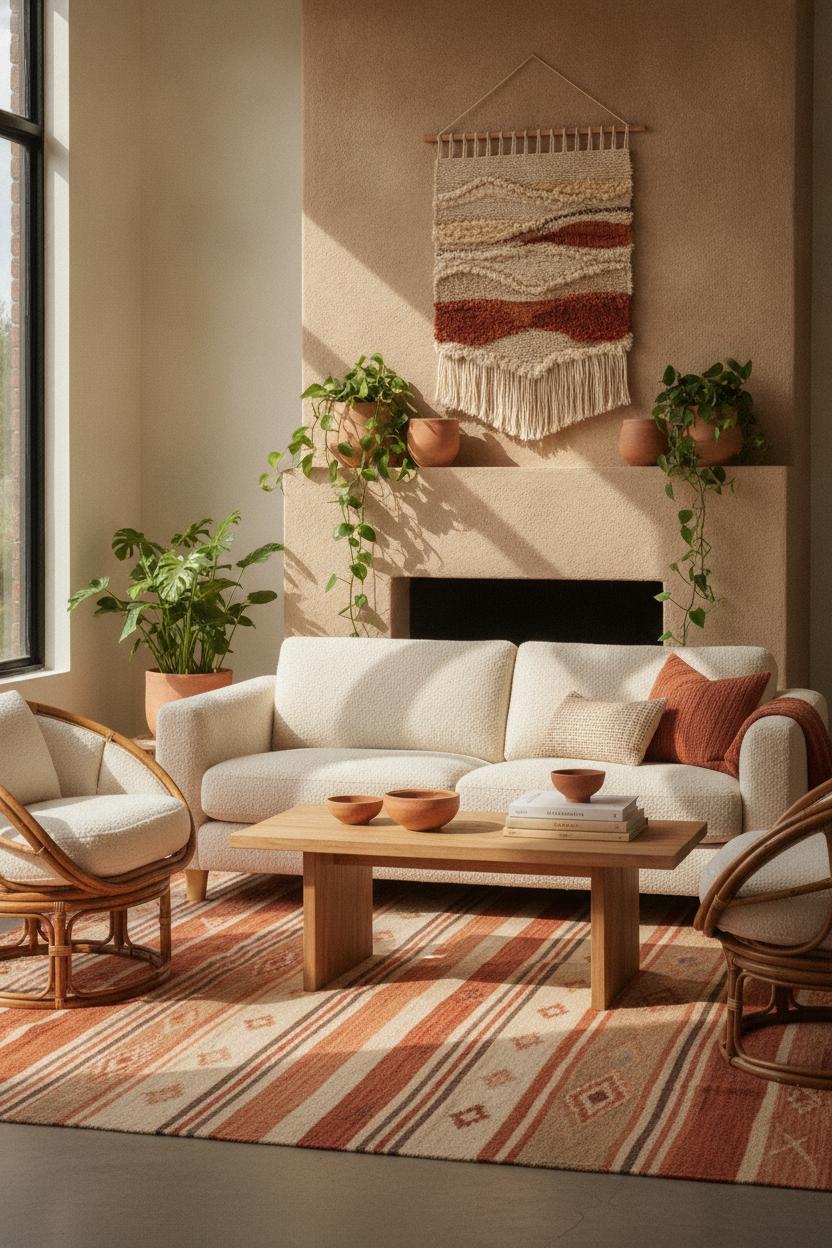 Earthy living room decor ideas 2026 with bouclé sofa, rattan chairs, terracotta pots, and layered wool rug