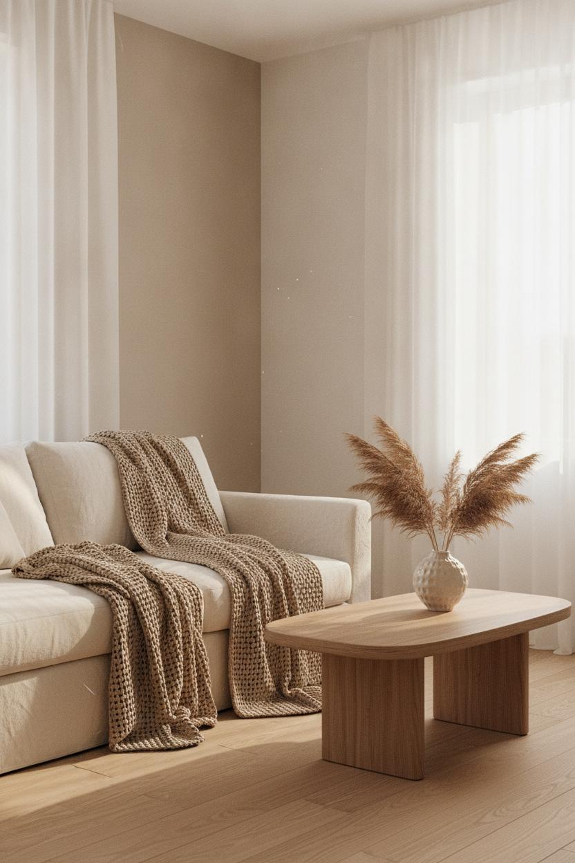 Cozy living room decor ideas 2026 featuring linen sofa, chunky knit throws, pampas grass, and warm afternoon sunlight