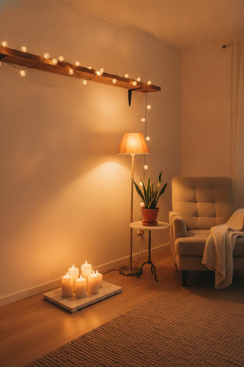 Warm minimalist living room with Edison string lights, pillar candles, and amber floor lamp — cozy living room decor ideas