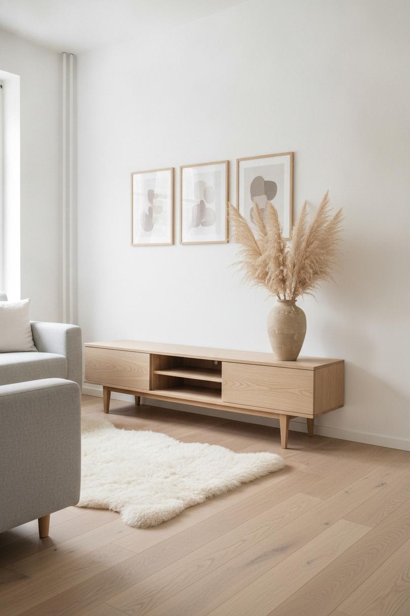 Scandinavian minimalist living room with birch console, pampas grass, sheepskin rug — cozy living room decor ideas
