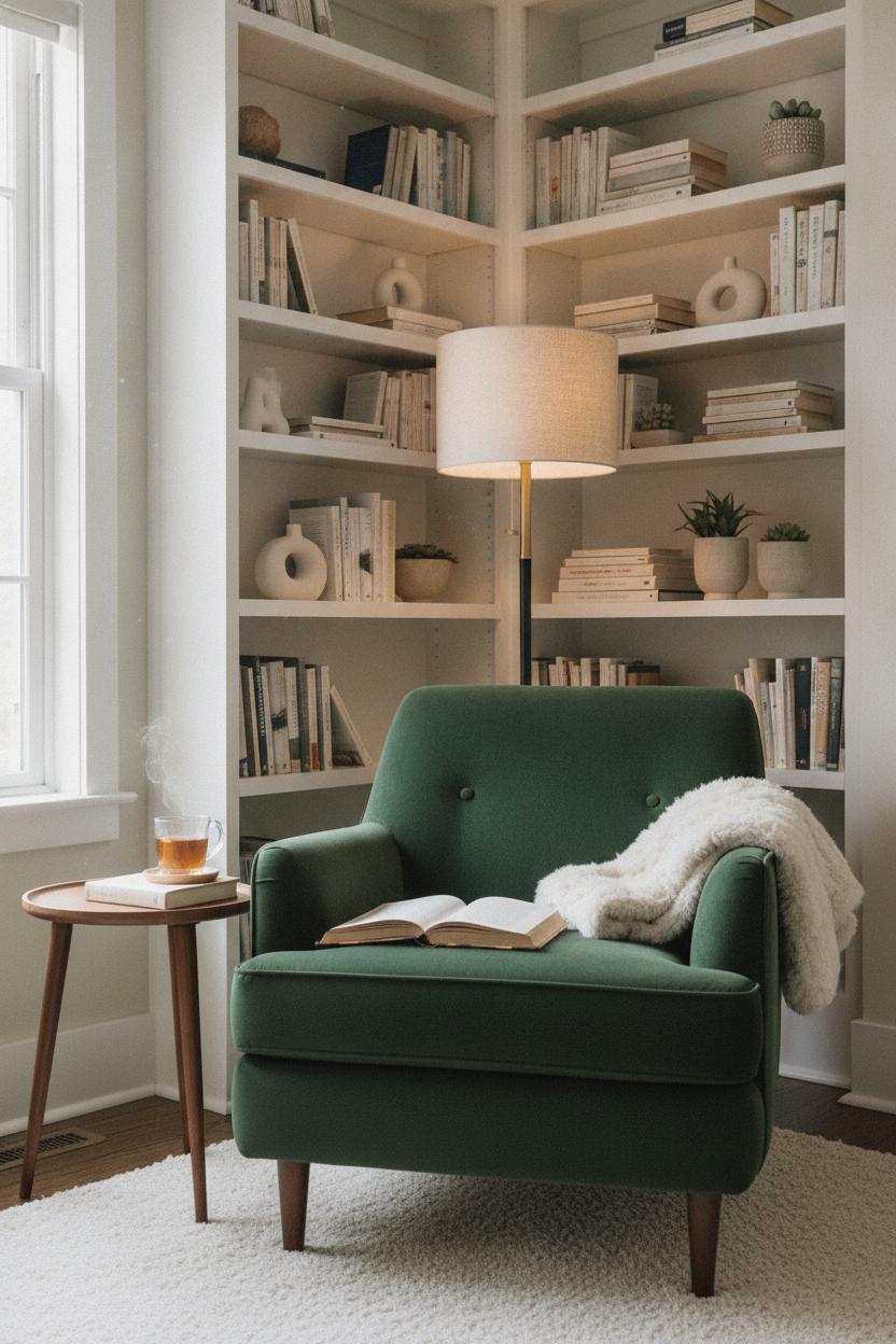 Cozy living room decor ideas featuring a forest green velvet armchair, faux fur throw, walnut side table, and built-in bookshelves