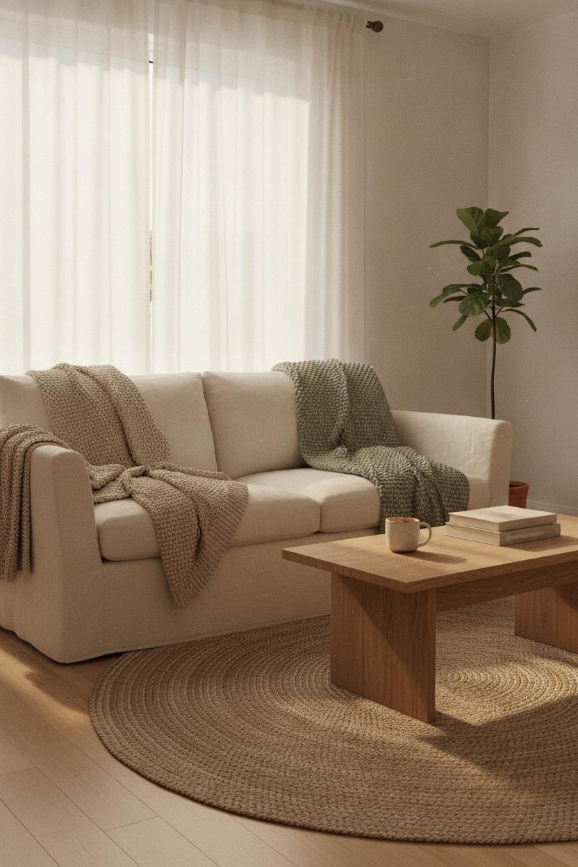 Cozy living room decor ideas featuring a Scandinavian sofa with chunky knit throws, jute rug, and warm afternoon light