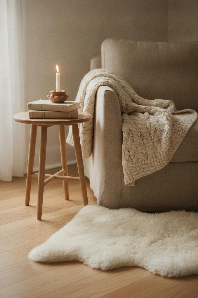 Cozy hygge living room corner with chunky knit throw, books, beeswax candle, and sheepskin rug — fall home decor ideas for living room