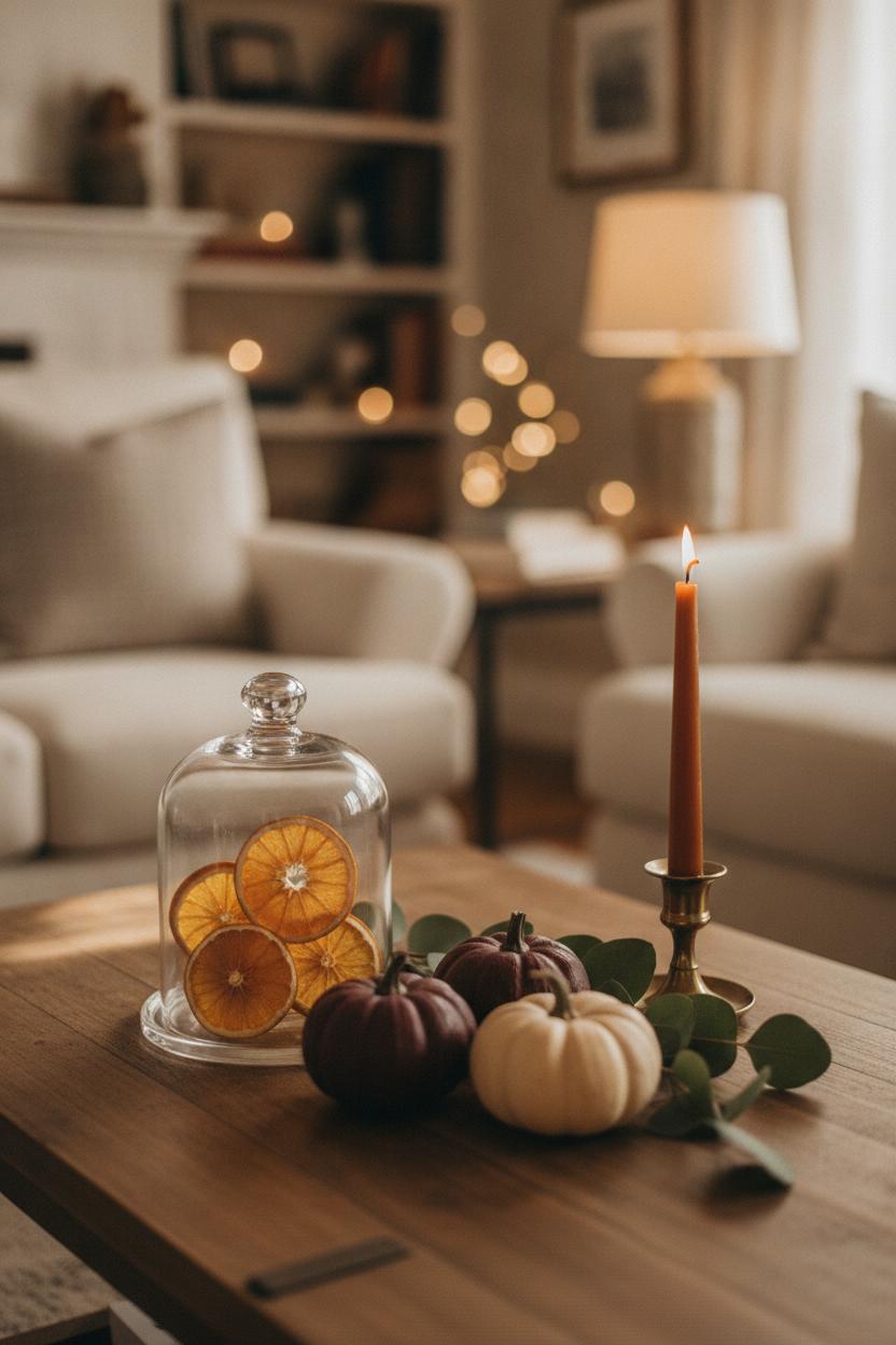 Cozy fall home decor ideas for living room with pumpkins, dried oranges, eucalyptus, and brass candlestick on wooden coffee table
