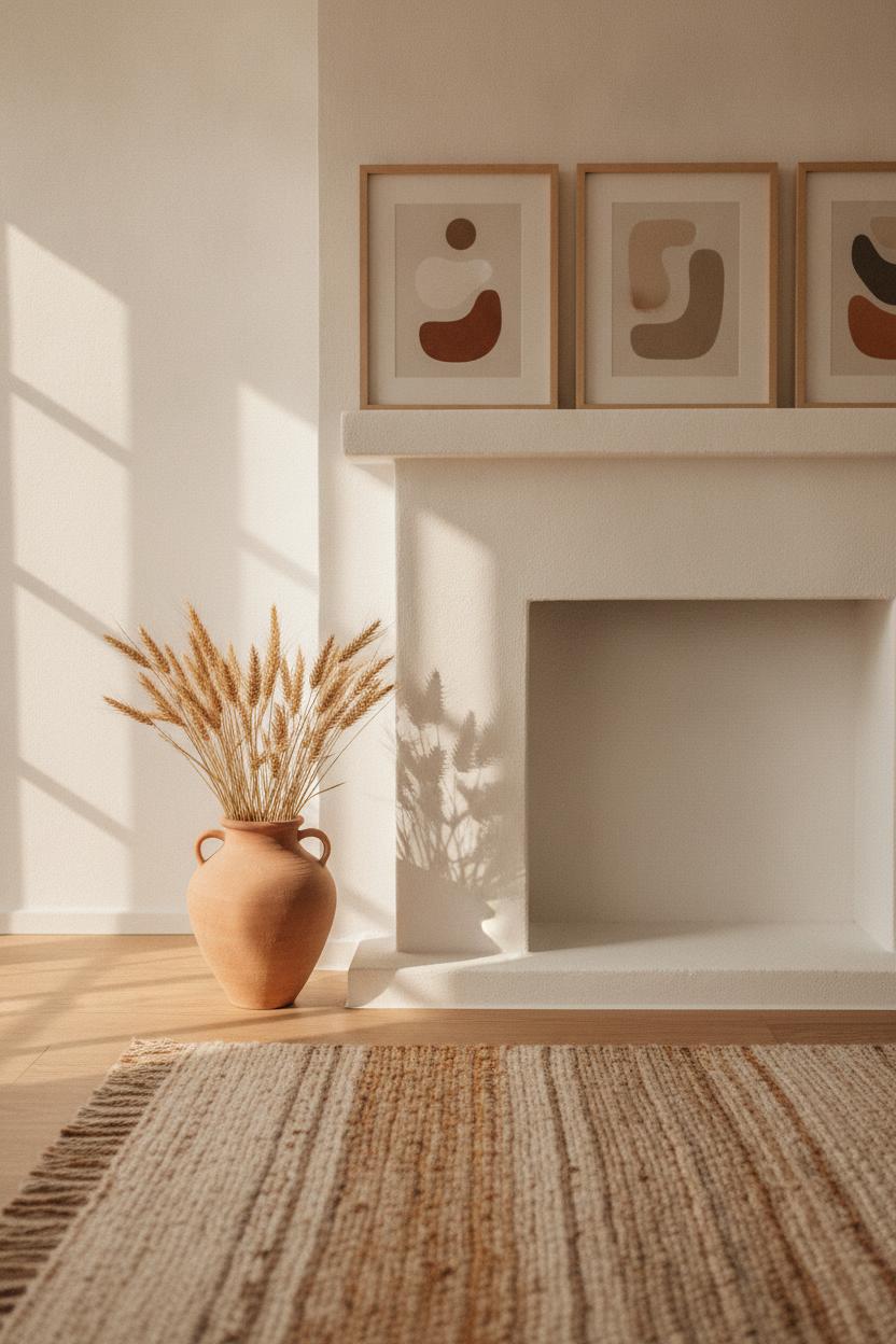 Minimalist Scandinavian living room with terracotta vase, dried wheat stems, and golden light — fall home decor ideas for living room