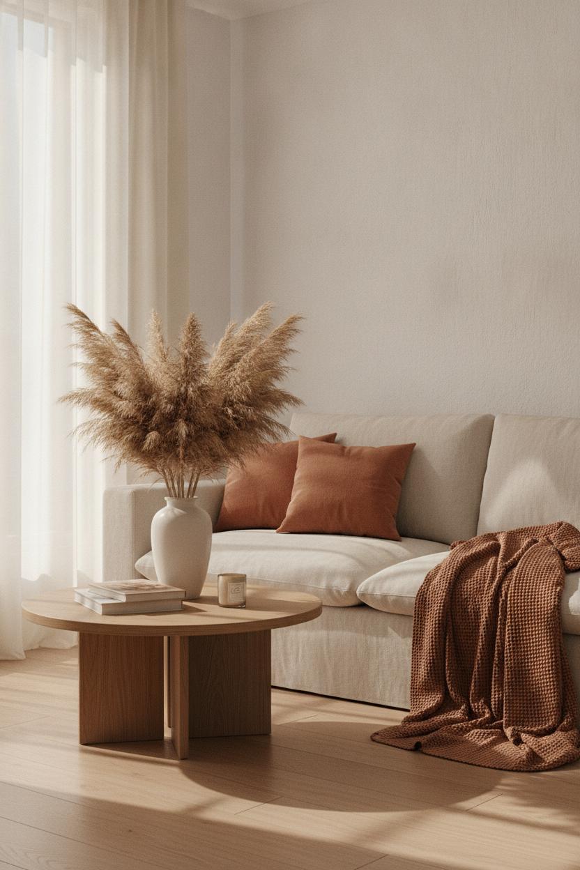 Minimalist living room with fall home decor ideas — terracotta pillows, rust blanket, pampas grass, and warm golden light