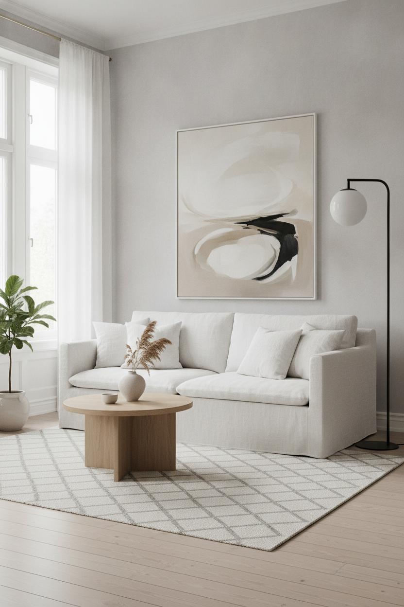Scandinavian minimalist living room with white linen sofa, oak coffee table, and soft natural light — hygge vs minimalist living room