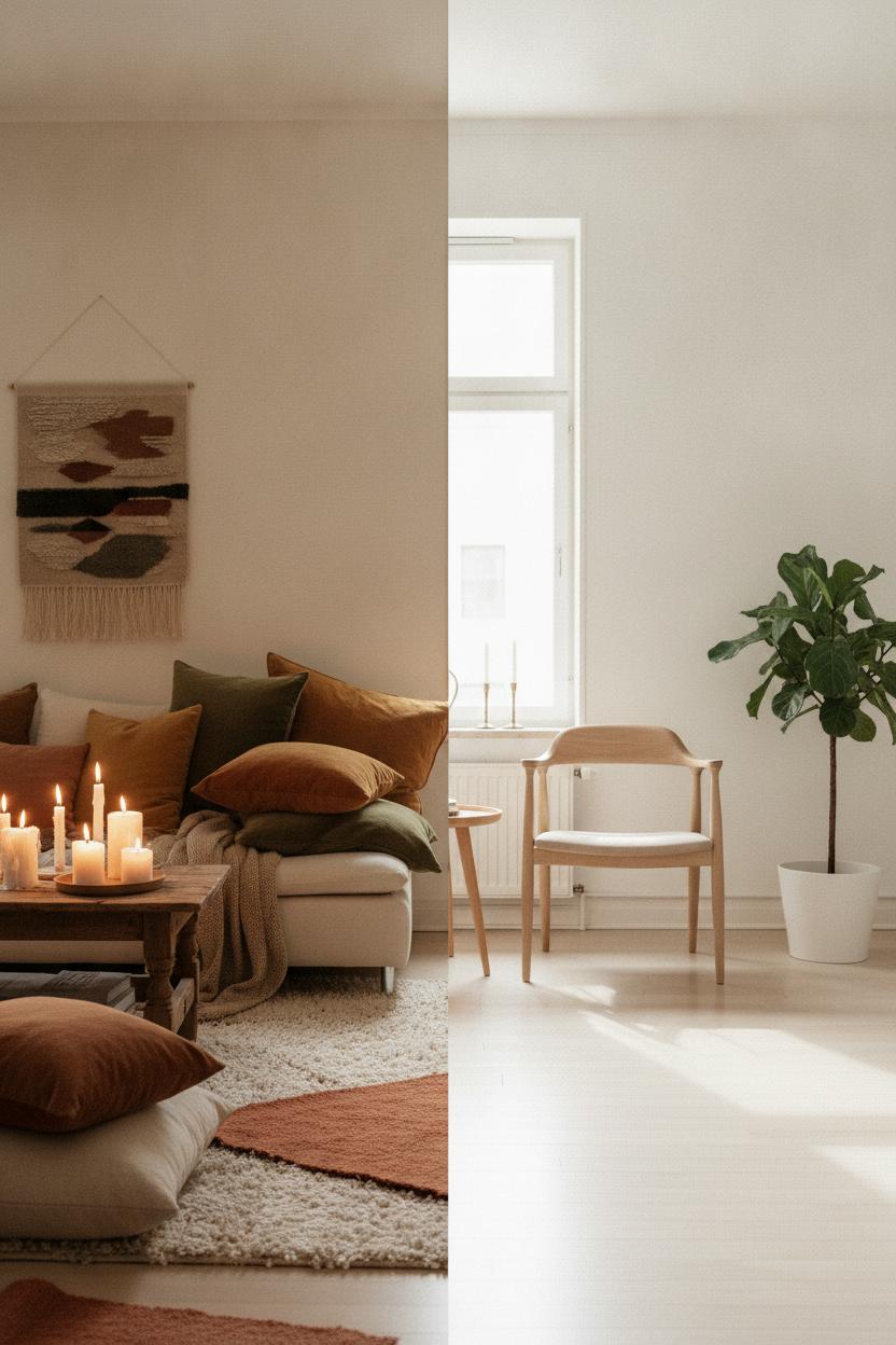 Hygge vs minimalist living room split view with cozy textured layers beside clean white Scandinavian decor