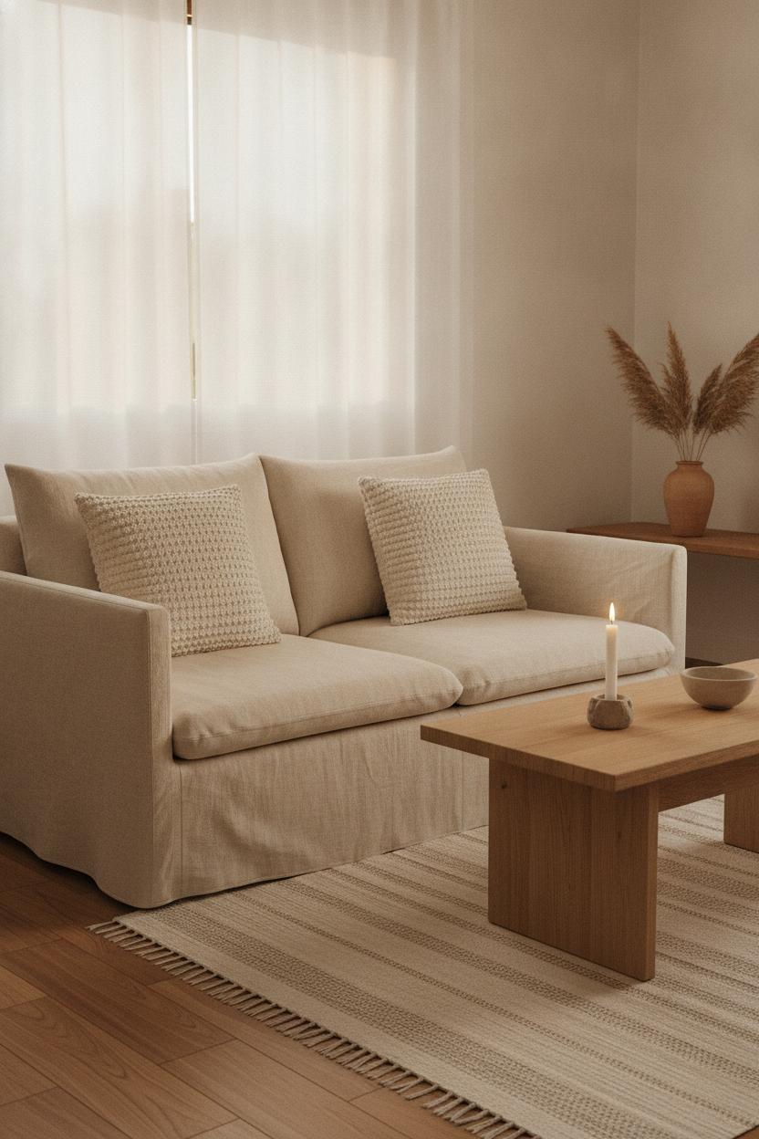 Cozy minimalist living room with linen sofa, wooden table, and warm golden light — hygge vs minimalist style